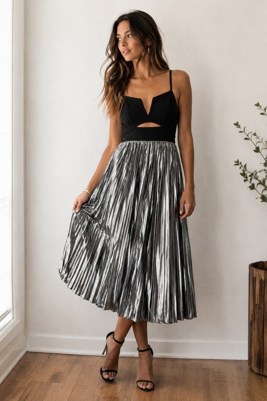 NEW Free People Piper Metallic Silver Black Sleeveless Flowy Party Midi Dress XS